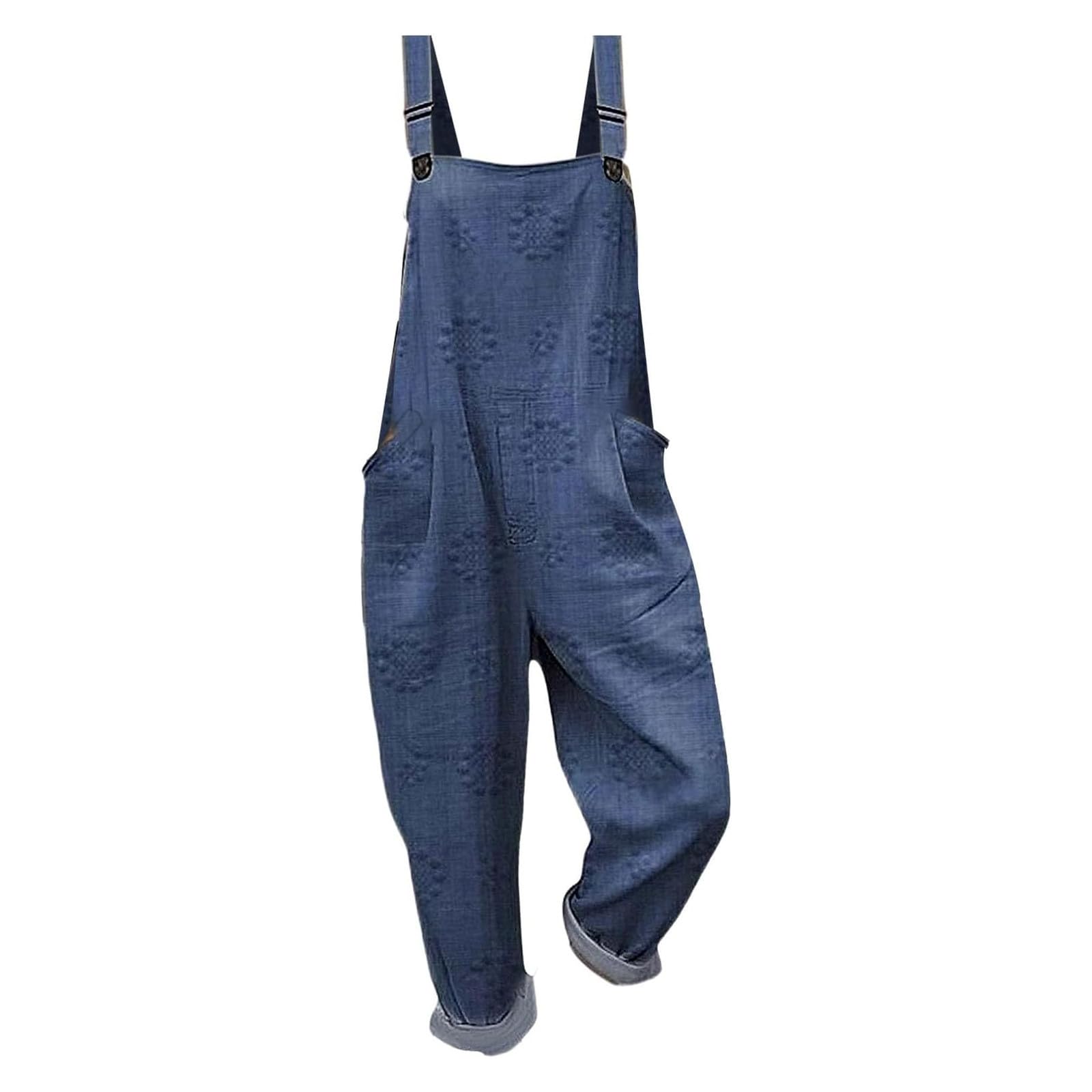 Salopette Femme avec motif flora, Combinaison en lin Ample et Décontracté Femme avec Bretelles Réglables et Poches, Salopette de Travail Ete Fluide chic, Pantalon Imprimé spaghetti Grande Taille