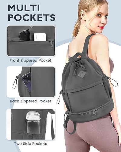 Miniatura 3 de Mochila deportiva con cordón, bolsa de gimnasio con compartimento para zapatos y bolsillo húmedo, bolsa de natación para mujeres y hombres, mochila