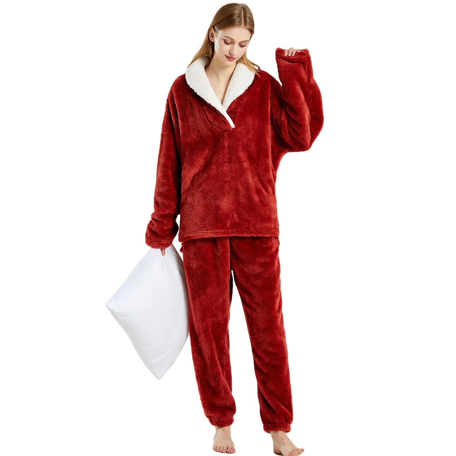 Pijamas De Mujer Pijamas De Mujer Nuevos De Invierno Y Navidad, Gruesos, Cómodos, De Algodón, Ropa De Estar por Casa, Conjunto De Pijamas Térmicos para Mujer-rojo-2xl