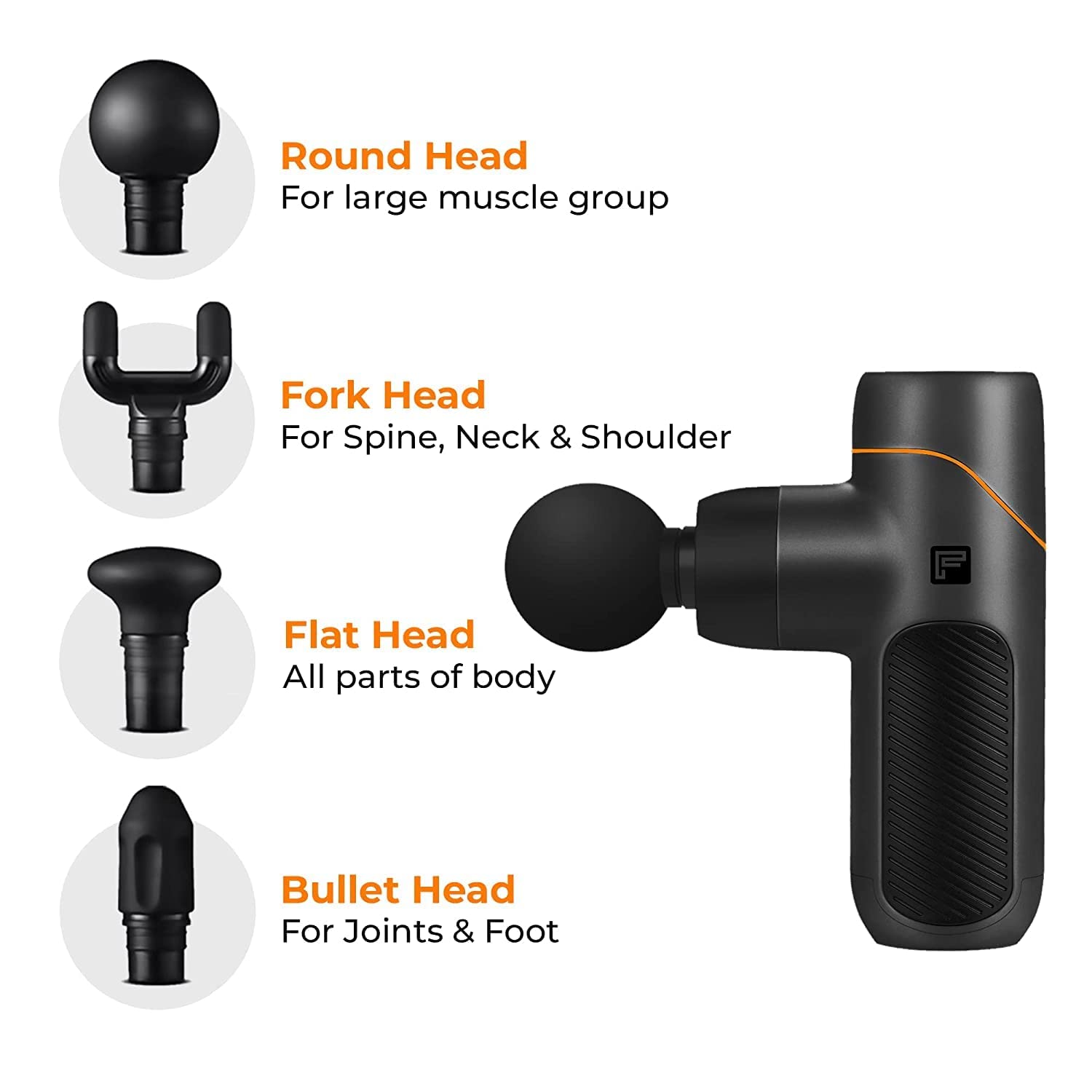 Flexnest Premium German-Designed Vibration Gun Massager with 4 Silicone Coated Heads and Long Battery Life for Physio Pain Relief, Deep Tissue Percussion for Full Body, Battery Powered, Black