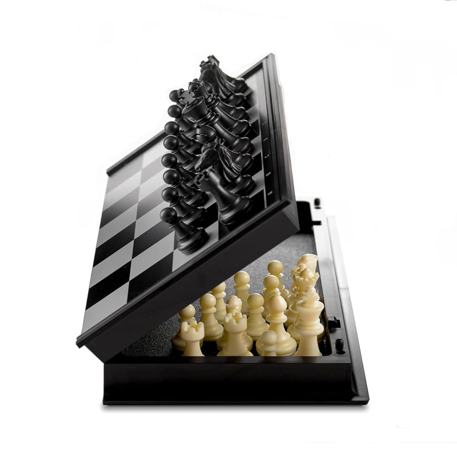 INOVERA (LABEL) Chess Board Set with Magnetic Pawns - Foldable Travel Friendly Games for Kids, Adults (Black and White)