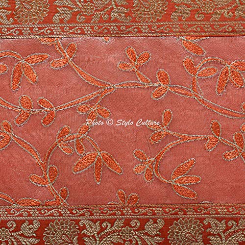 Image of Ari Zari Embroidered Table Runner for Centre Table Decorative 6 Feet Orange & Peach Ethnic Banarsi Brocade Satin Indian Long Runner Up with Tassels Dining Tablecloth