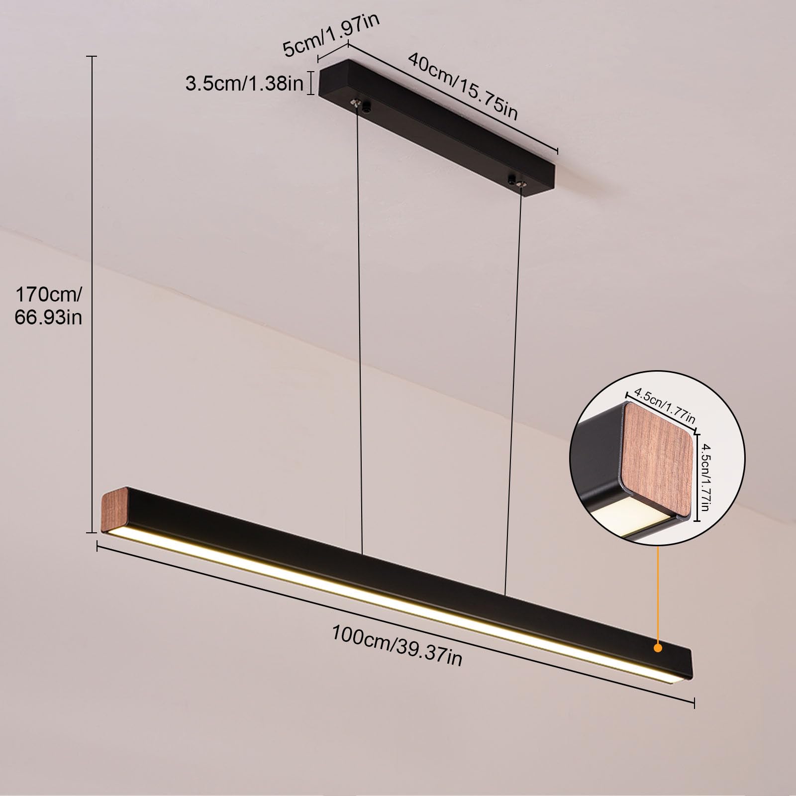 LED Pendelleuchte Esstisch 100cm, Dimmbare Hängelampe mit Fernbedienung 3000K/4500K/6000K, 10%-100% Helligkeit, Höhenverstellbar, Schwarz, für Esszimmer Küche Wohnzimmer Büro