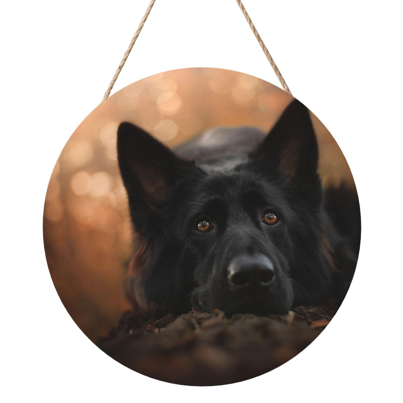 InOmak Black German Shepherd Bokeh Autumn German, Round Wood Panel Painting 12 in, Wall Hanging Painting For Home