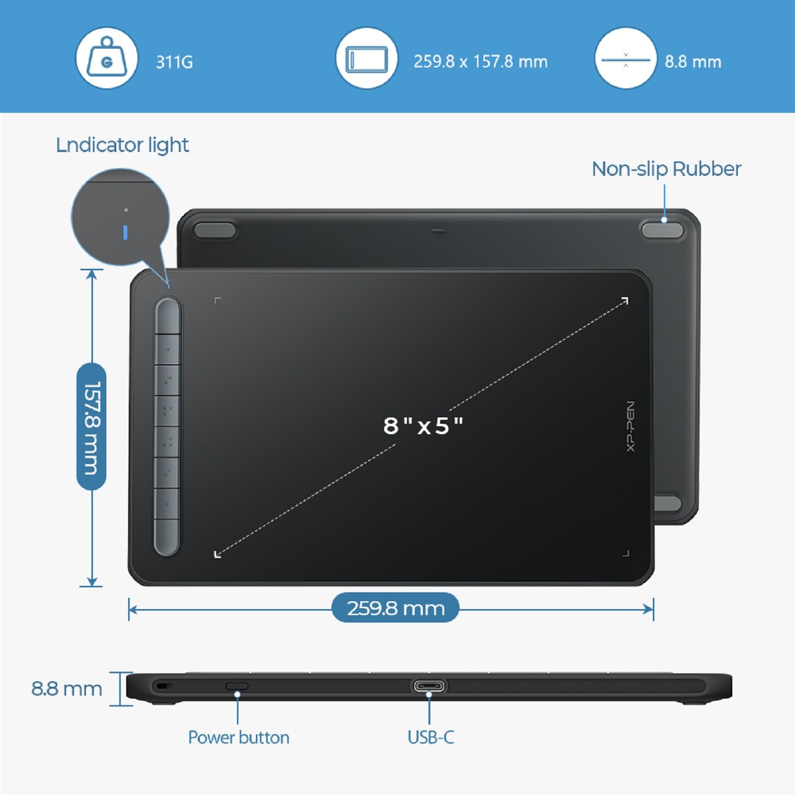 XPPen Deco MW Tablette Graphique Sans Fil avec Stylet Passif à X3 Puce | Zone de Travail 8x5 Pouces | 8192 Niveaux de Pression | 8 Touches de Raccourcis | Inclinaison 60° | Connexion Bluetooth 5.0
