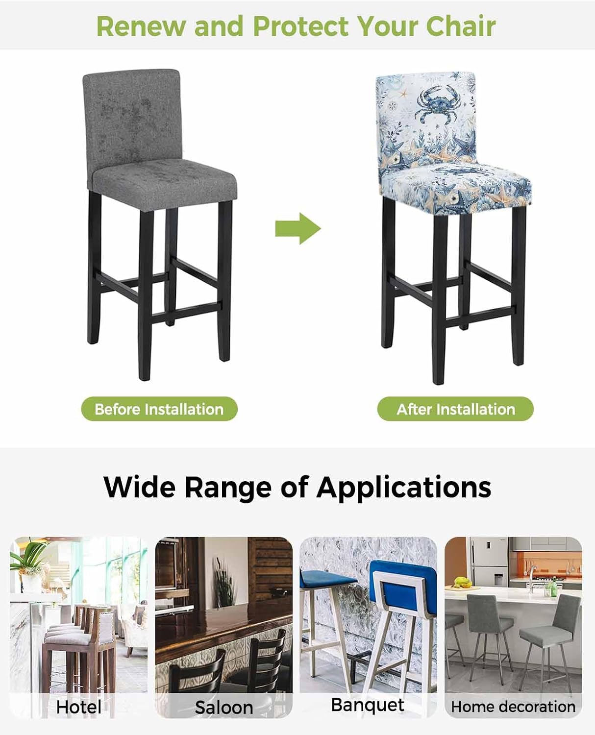 Bar Stool Chair Covers Set of 4 with Back,Blue Crab Coastal Stretch Barstool Slipcovers,Beach Starfish Nautical Coral Botanical Pub Counter Height/Swivel/Cafe/Dining Room Chairs Seat Furniture Cover