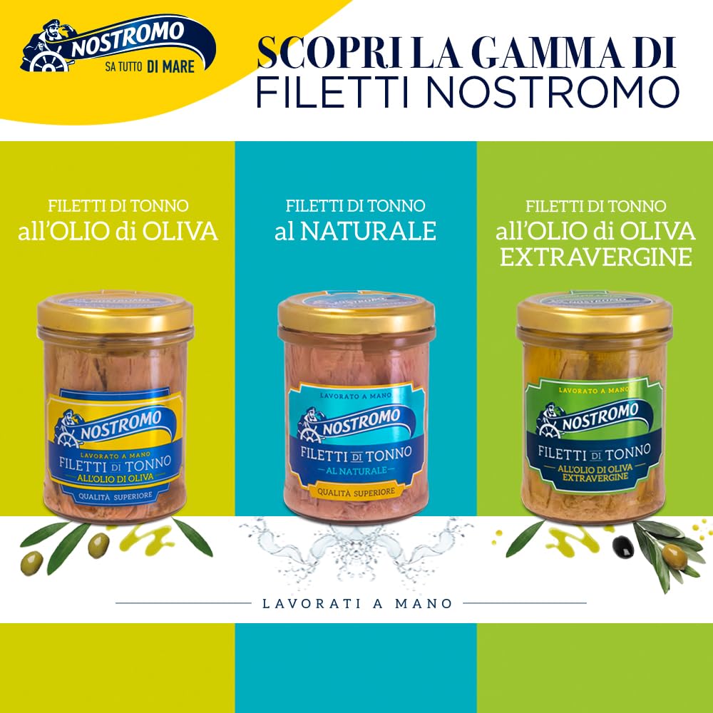 Nostromo Filetti di Tonno all’Olio Extravergine di Oliva 180g – 6 Vasetti, Qualità Superiore, Lavorati a Mano – Fonte di Omega 3, Gusto Premium