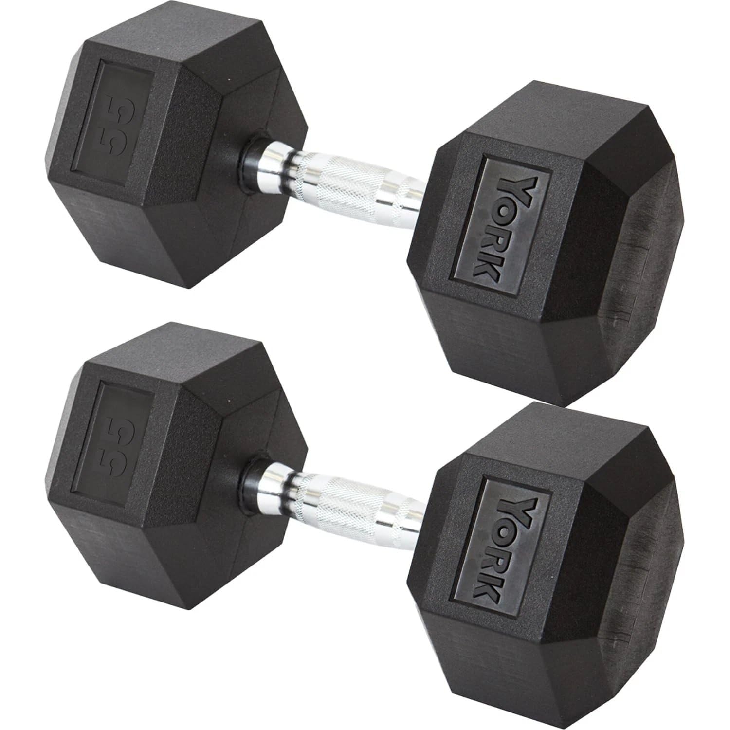 York Barbell Hex Dumbbell Set Rubber Coated Fixed Weight Dumbbells with Chrome Ergonomic Handle Odorless Durable for Home