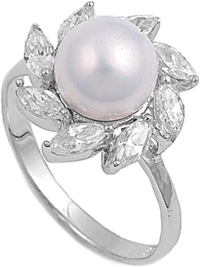 Clear CZ Simulated Pearl Marquise Flower Ring Sterling Silver Band Sizes 5-9