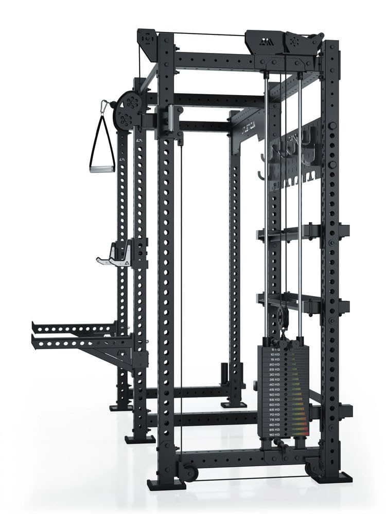 ATLETICA R8 Falcon R | czarny | kompaktowy stojak Power Rack z linką | blok obciążeniowy 95 kg i kompletny system przechowywania – idealny do studia i treningu osobistego