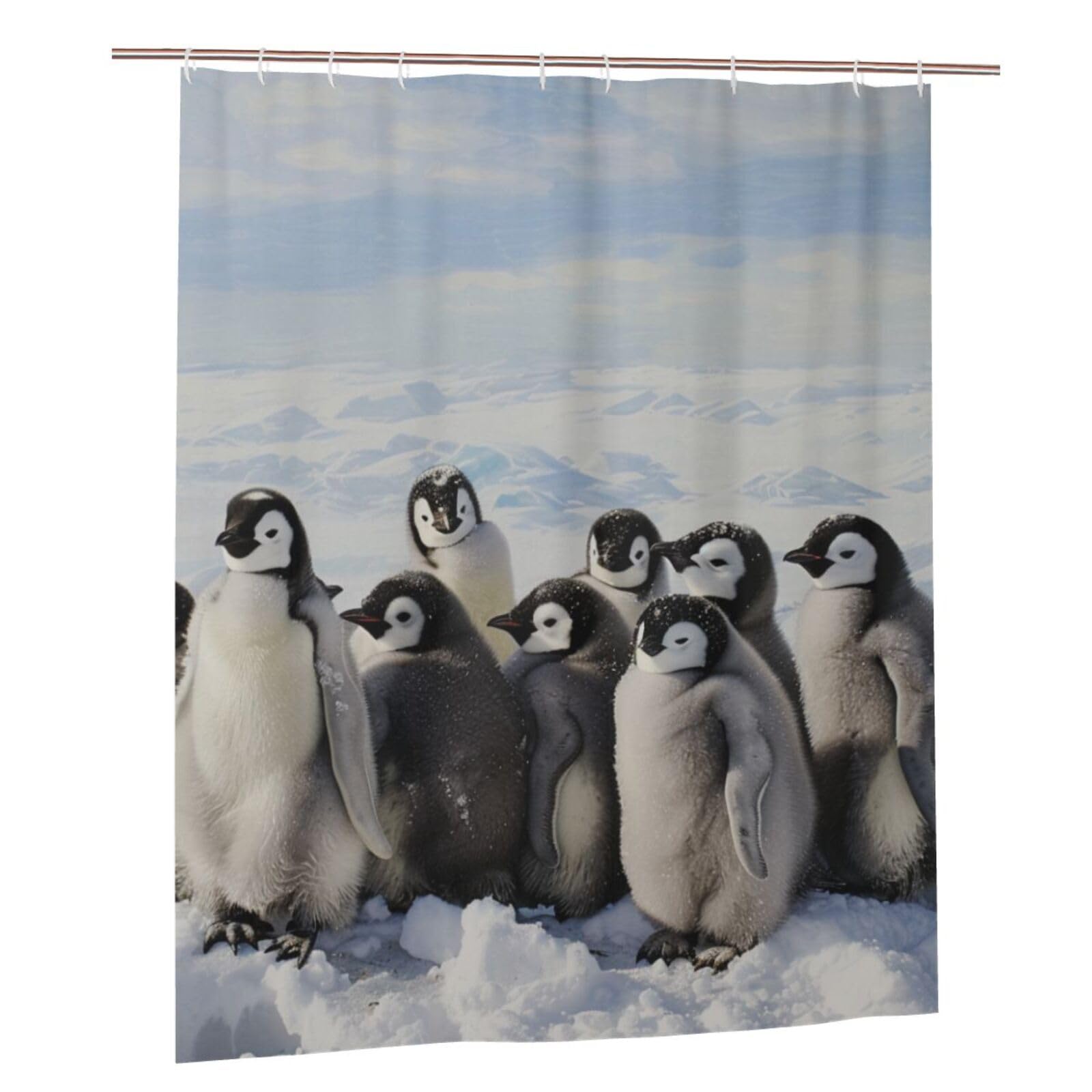 BWWHCCTI Young Penguins With Snow Printed Shower Curtain With 12 Plastic Hooks Opaque Quick Drying Waterproof Shower Curtains Sets For Bathroom 152x183 Cm