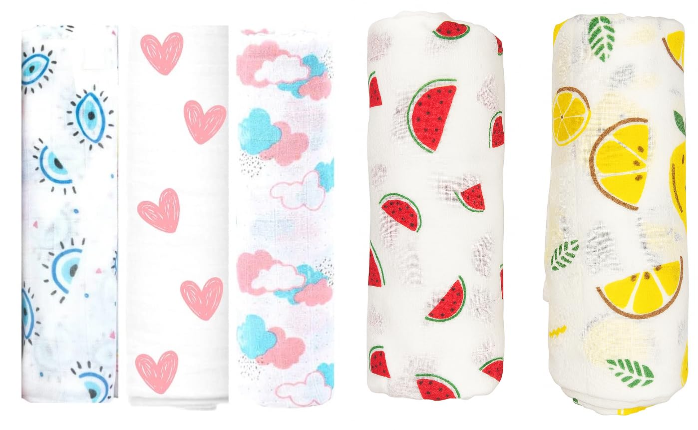 ELEMENTARY - basics redefined Organic Extra Soft Cotton Muslin Swaddles: Swaddle Wrap | Evil Eye & Watermelon and Lemon | (Pack of 5)-image-43