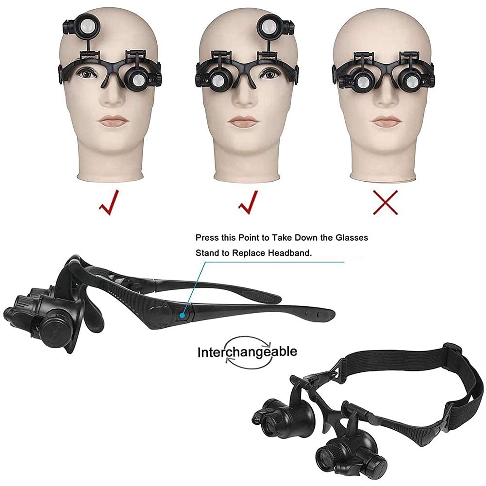 Lupas, lupas binoculares para diadema, lupa de joyería, lupa de montaje en la cabeza, con 2 luces LED, lupa de 10 x 15 x 20 x 25 x para reloj, reparación electrónica