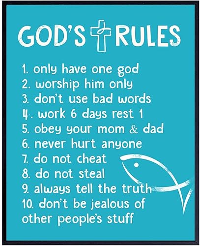 The Ten Commandments - Religious Blessed Wall Decor - Christian Scripture Wall Art - Positive Quotes Decor - Blue Kids Bedroom Artwork, Kids Art -