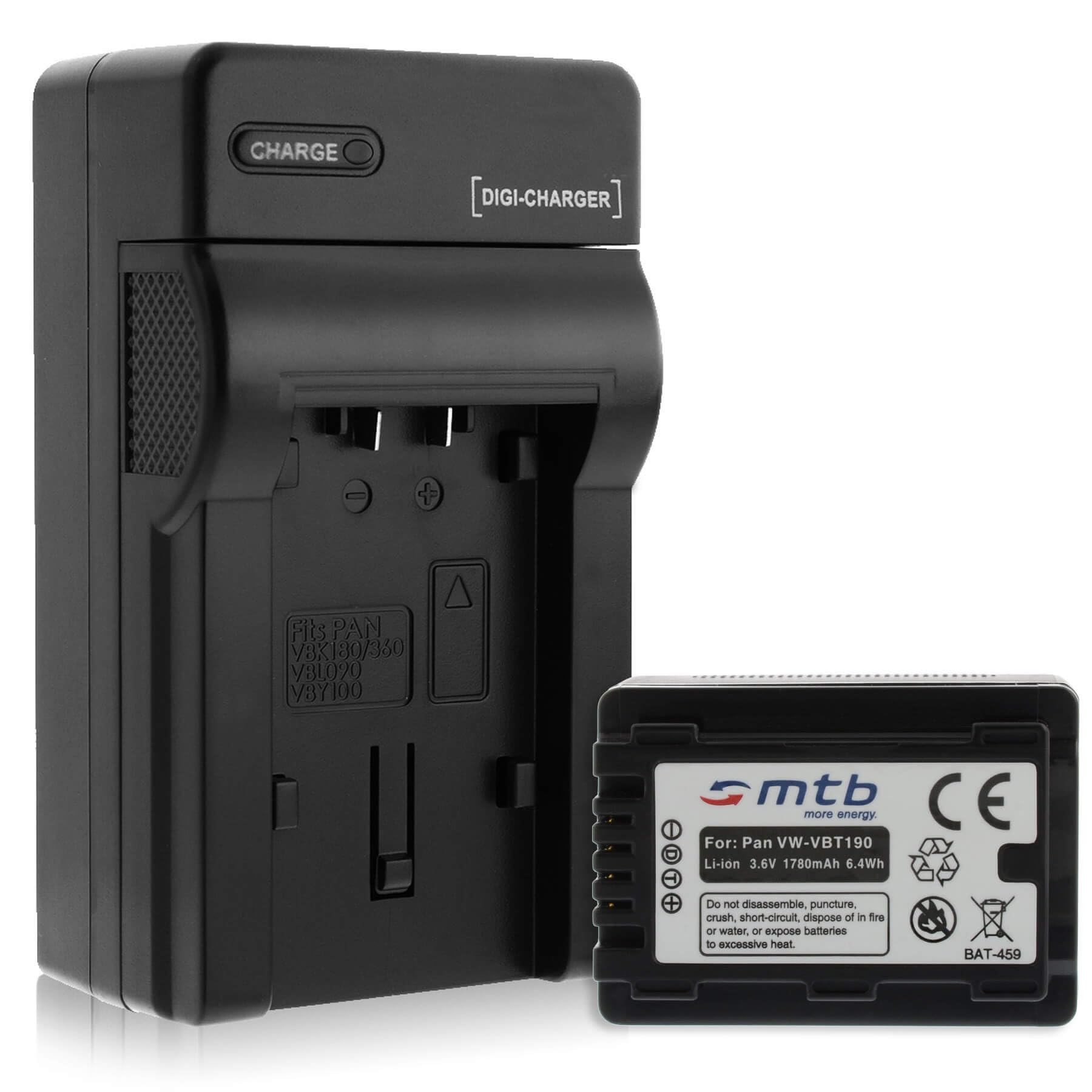 Akku + Ladegerät (Netz, KFZ) für VW-VBT190 / Panasonic HC-VX989... / HC-W570, W850, WX979... mit Infochip (Akkulaufzeitanzeige unterstützt)