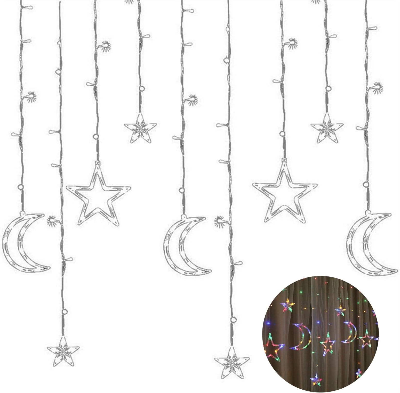 szutfidyTwinkle Curtain String Lights Starry Night Light USB Powered Led Fairy Star Moon for Home Bedroom Indoor Outdoor H USB Plug
