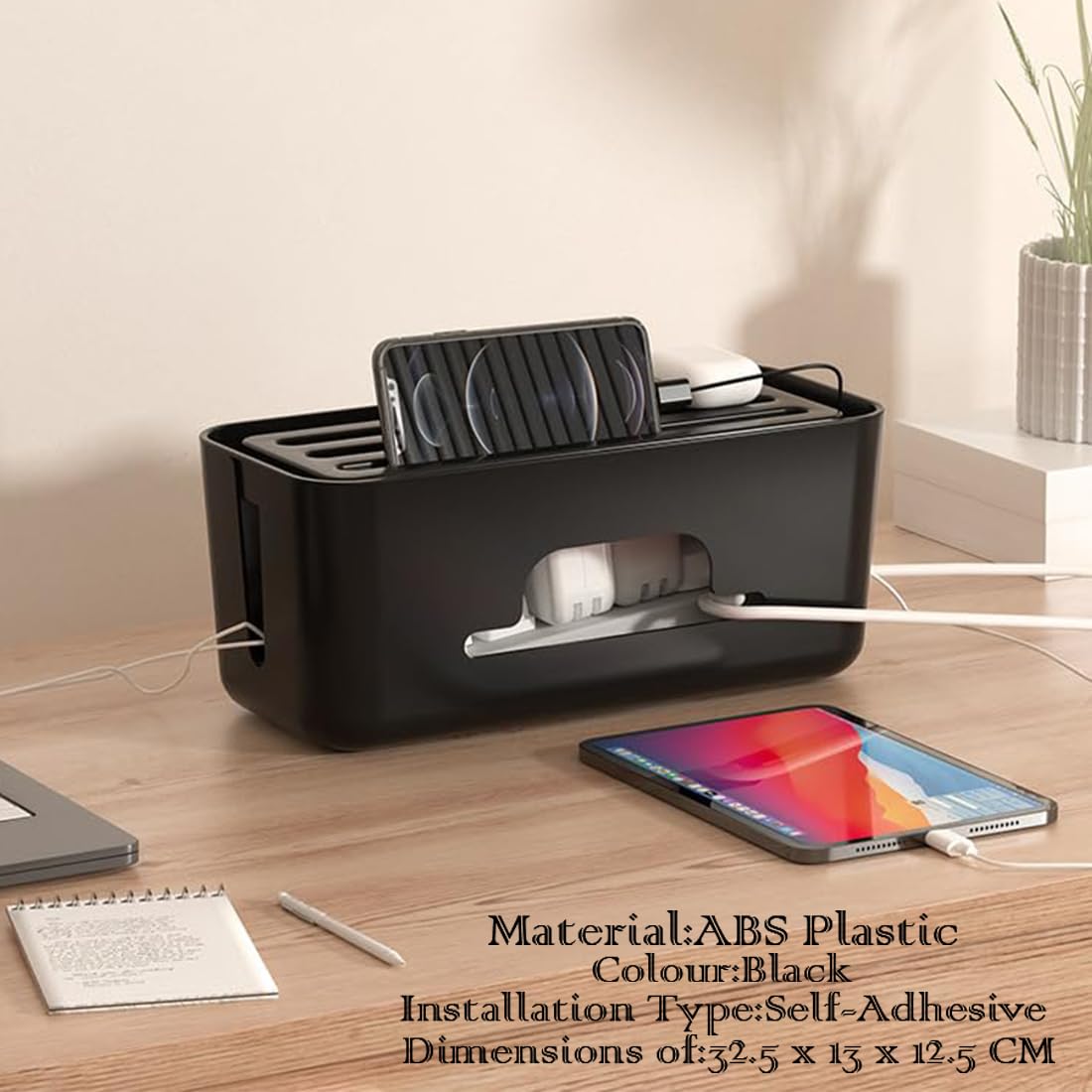 divinezon Cable Management Box with Mobile Stand Design | Office Desk Cables, Wires Sorter & Organizer | 32.5 X 13 X 12.5 CM | Black-Grey