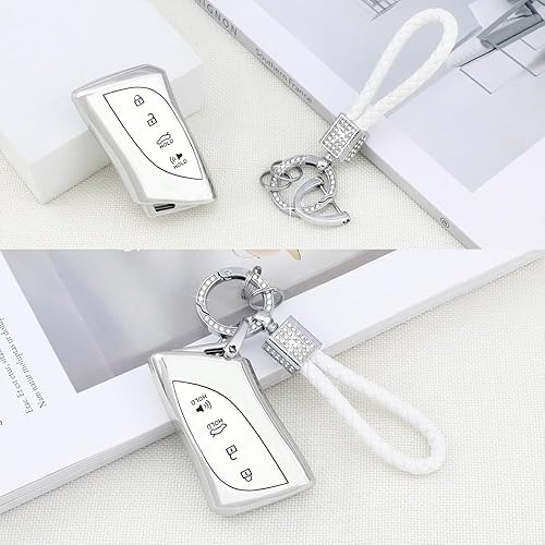 Miniatura 8 de PIFOOG Funda para llavero de TPU suave, funda para llaves de TPU para mujer, lindo llavero, cubiertas completas, protector blanco y plateado, borde