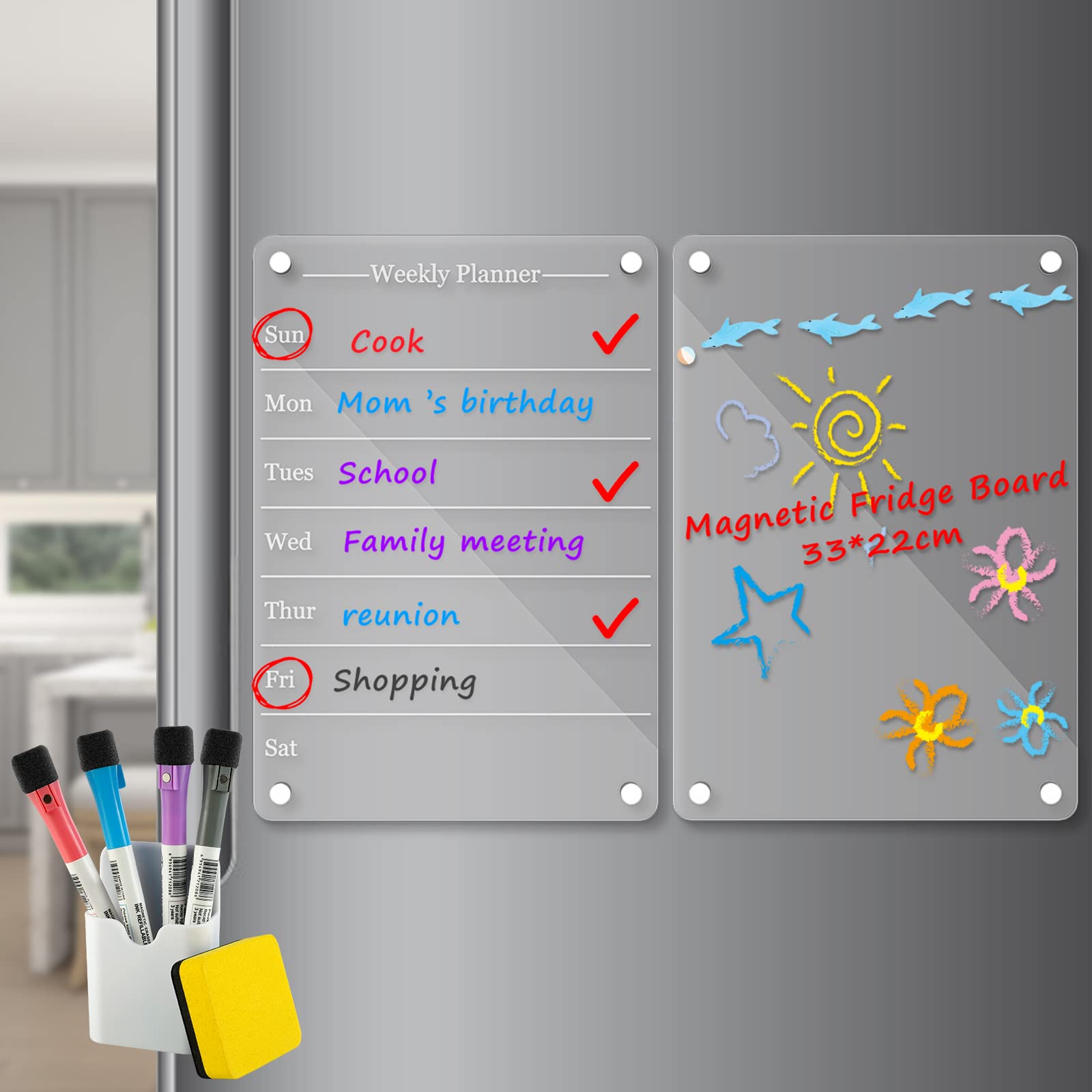 Beenle-Icey 2pcs Acrylic Magnetic Calendar for Fridge Transparent Planning Blank Board Dry Erase Calendar with 4 Marker Pens 1 Eraser 1 Pen Holder 8.7x13inch Reusable Weekly Planner for Office Home