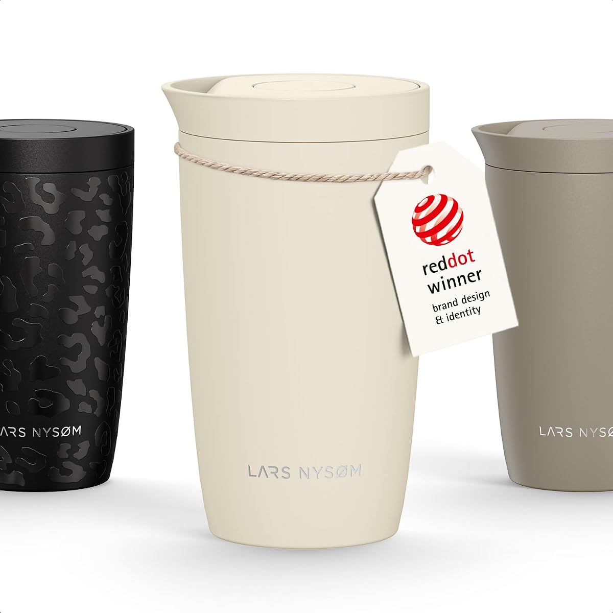 LARS NYSØM Thermo Coffee Mug-to-go 12oz | Travel Mug 0.35 Liter with Insulation | Quick-Press Lid | Leak Proof Stainless Steel Thermal Tumbler for Coffee and Tea on the Go (Almond Beige, 13oz)