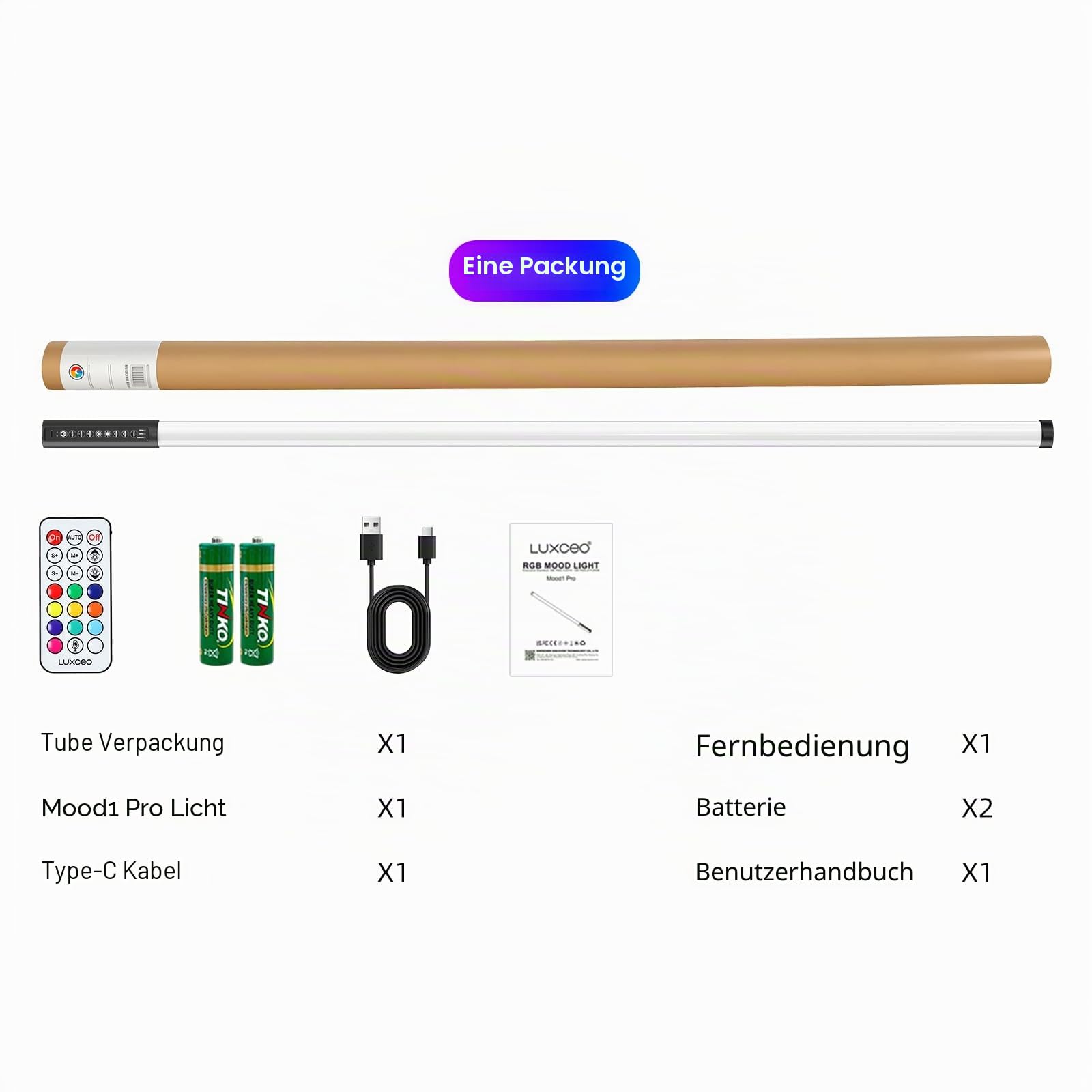 Mood1 Pro Tragbare LED-Videoleuchte,120 cm,Dimmbar und Speicher,Integrierter 5000-mAh-Akku,RGB-Fotolampe für YouTube,TikTok,Spiel-Streaming,Partybar,Fotografie