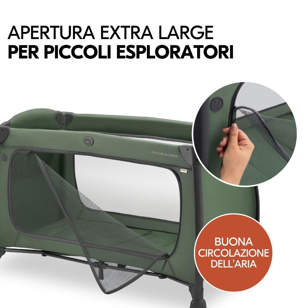 hauck Lettino da Viaggio Play N Relax Center con Materasso e Zanzariera, Lettino Campeggio Neonato con Fasciatoio, Inserto Neonato, Ruote e Borsa Trasporto, Verde Scuro