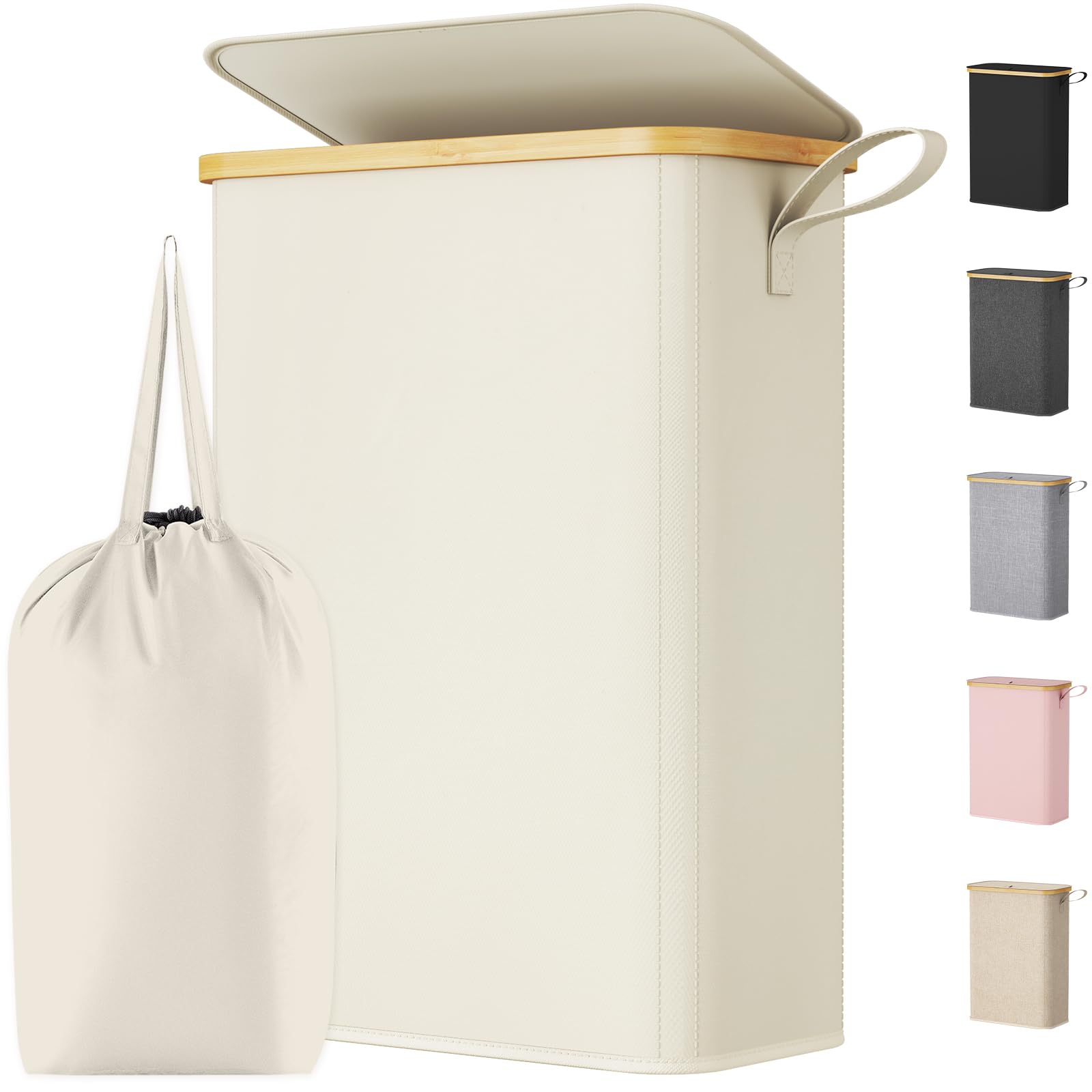 Lifewit 50L Slim Laundry Basket with Lid, Narrow Laundry Bin with Removable Bag & Bamboo Handles, Foldable Thin Dirty Clothes Hamper for Laundry, Bathroom, Bedroom, Dorm (White)