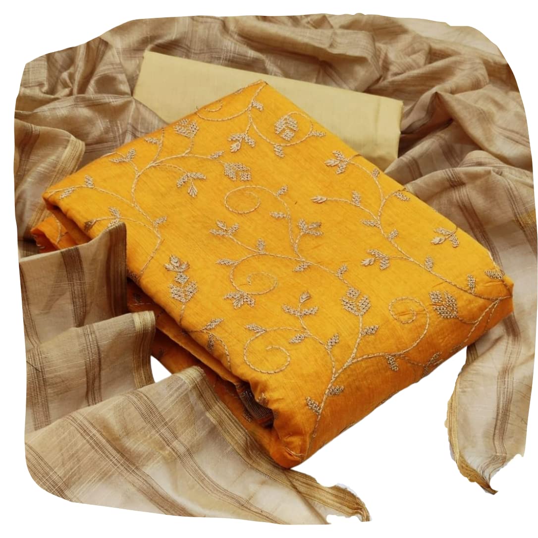 Ethnic JunctionWomen's Chanderi Embroidered Unstitched Salwar Suit Dress Material, Yellow, 2XL