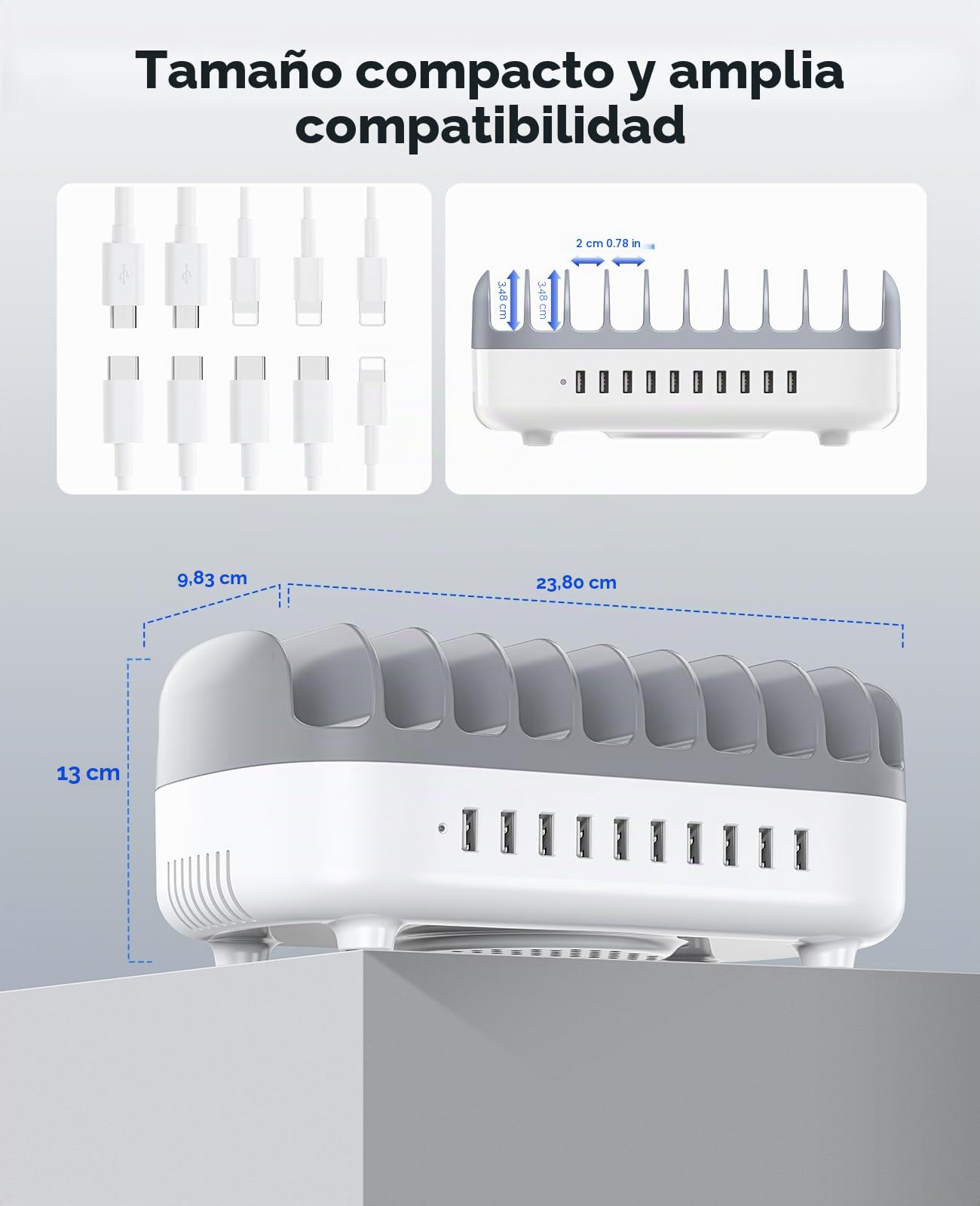 ORICO Estación de Carga 120W, 10 Puertos USB con 10 Cables, Blanco