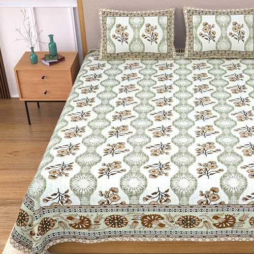 Image of India 100% Pure Cotton Jaipuri Printed Double Bedsheet with 2 Pillow Covers | Traditional Sanganeri Floral Design | Soft Breathable Fabric | King Size Bedsheet for Bedroom (Kaya51)