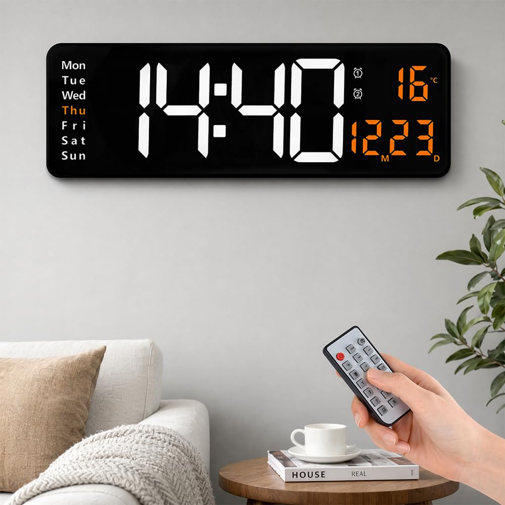Orologio da parete digitale grande da 40,6 cm, grande orologio digitale a LED con telecomando, visualizzazione della data della settimana, doppio allarme, 12/24 ore, dimmer a 10 livelli, timer conto