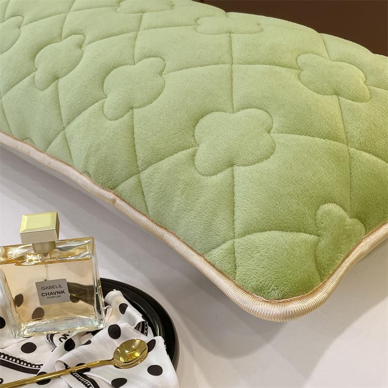 Quilted Trim Plush Fleece Body Pillow Cover Only Long Decorative Pillowcase 18 x 47 inch, Light Green