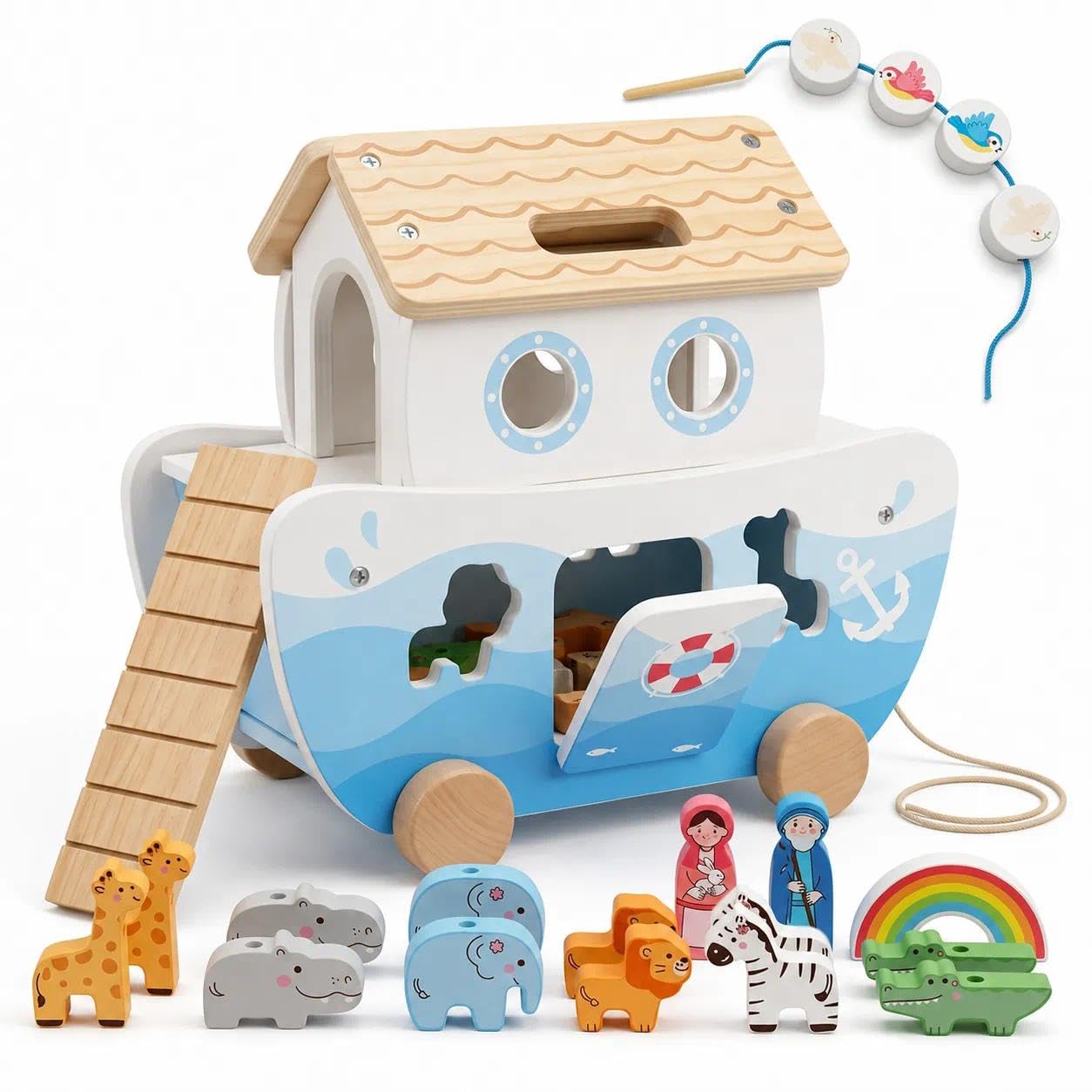 Thirrni Wooden Noah's Ark Toy for Toddlers 18 Months to 3 Years, Christening Gift, Montessori Shape Sorter and Stacking Toy, Birthday and Baptism Gift