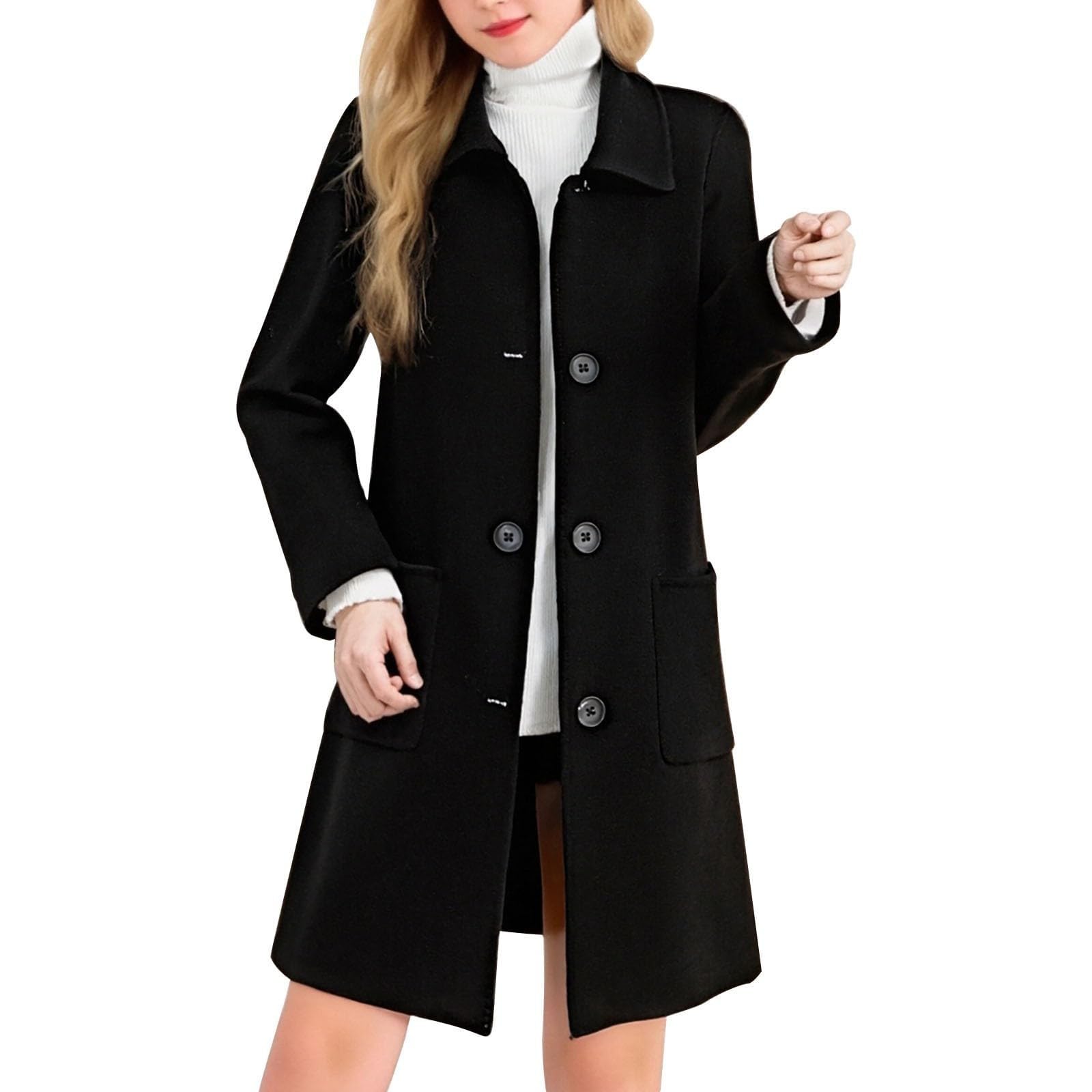 Dyhxuan Women's Black Trench Coat Medium Length Wool Coat Elegant Turn-Down Collar Coat Single Breasted Autumn Jacket Trench Transition Jacket Windbreaker For Autumn Winter, M