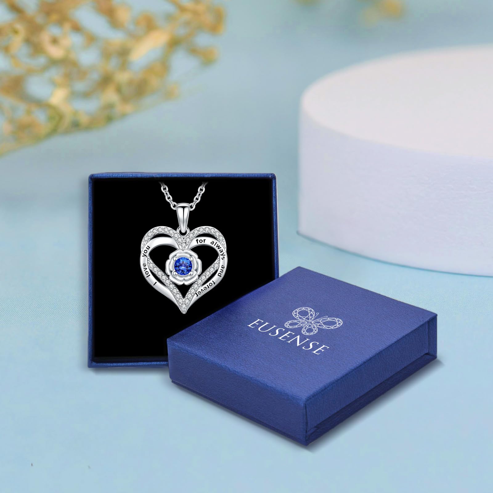 Eusense Collana Cuore Doppio con Pietra Natale e Rosa Ciondolo Cuore Gioiello per Donna Regalo per San Valentino Anniversario o Compleanno