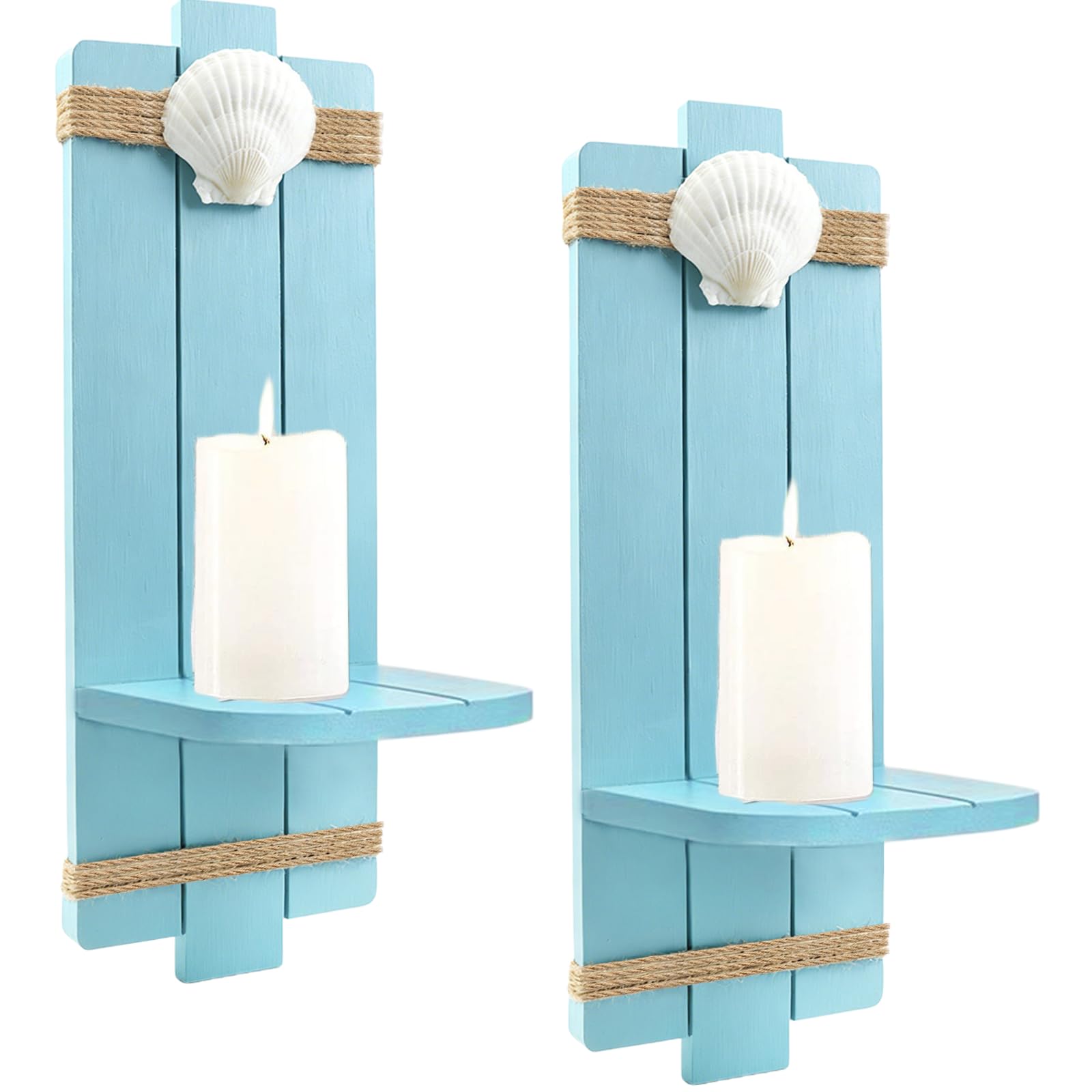 Fangoo 2Pcs 40cm Blue Wooden Wall Candle Holders with Natural Sea Shell Ocean Themed Wall Mount Candle Sconces Rustic Farmhouse Decorations for Bathroom Home Living Room Hallway Hanging Floral Display