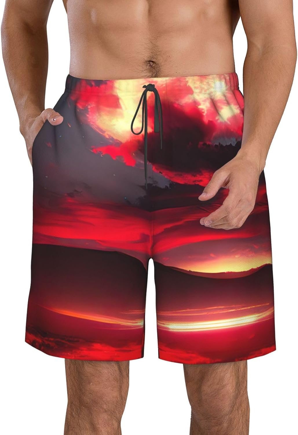 Mens Red Sky at Night Starry Print Beach Shorts,Casual Summer Shorts for Men,Quick Dry Polyester