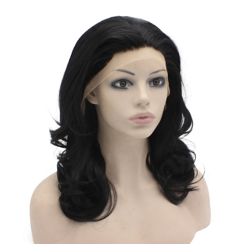 Iwona parrucca naturale con capelli sintetici lunghi e ondulati, resistenti al calore, colore nero