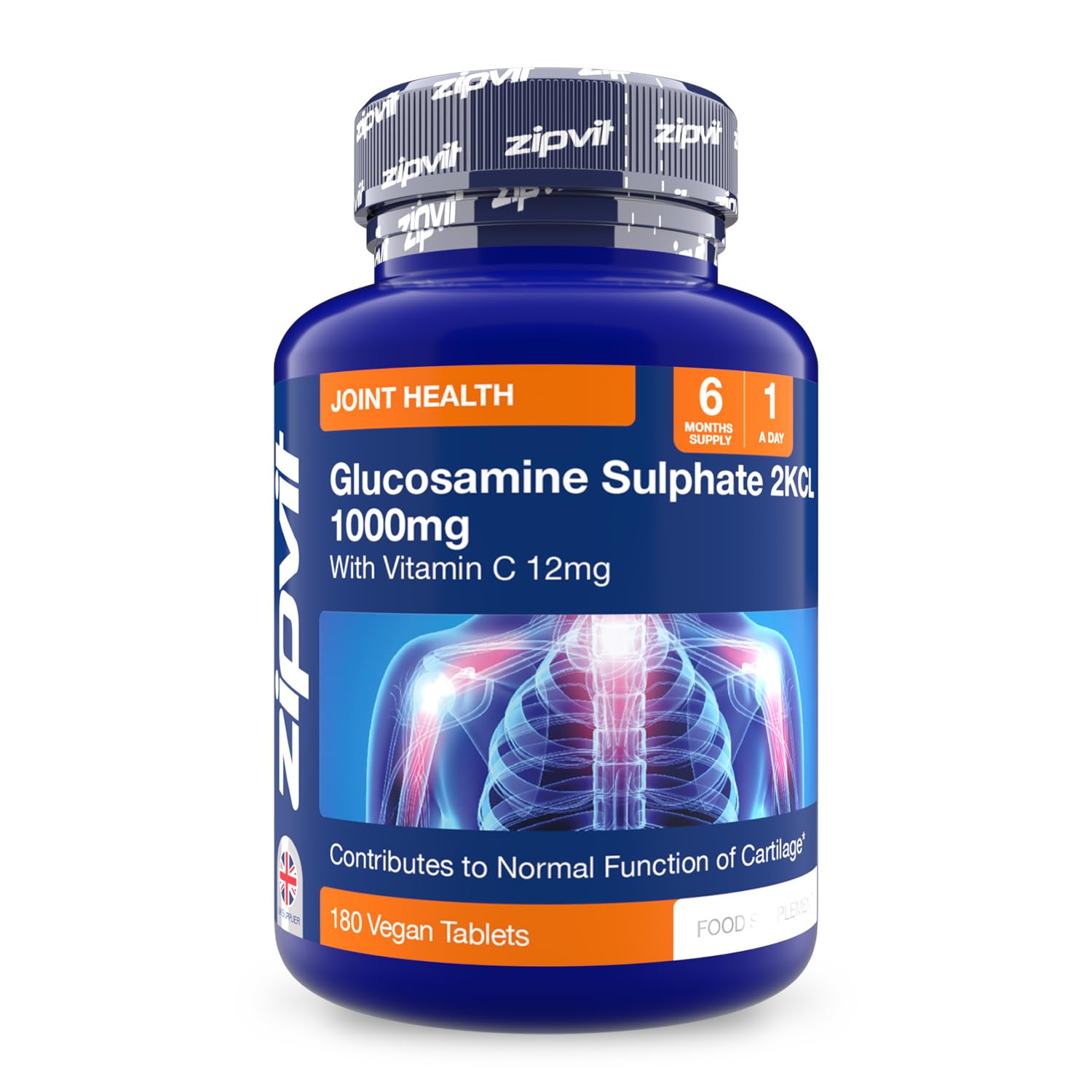 Zipvit Glucosamine Sulphate 2KCl 1000mg with Vitamin C, 180 Vegan Tablets, Supports Bones, Cartilage & Collagen, Reduces Tiredness & Fatigue, Joint Health Supplement, 6 Month Supply