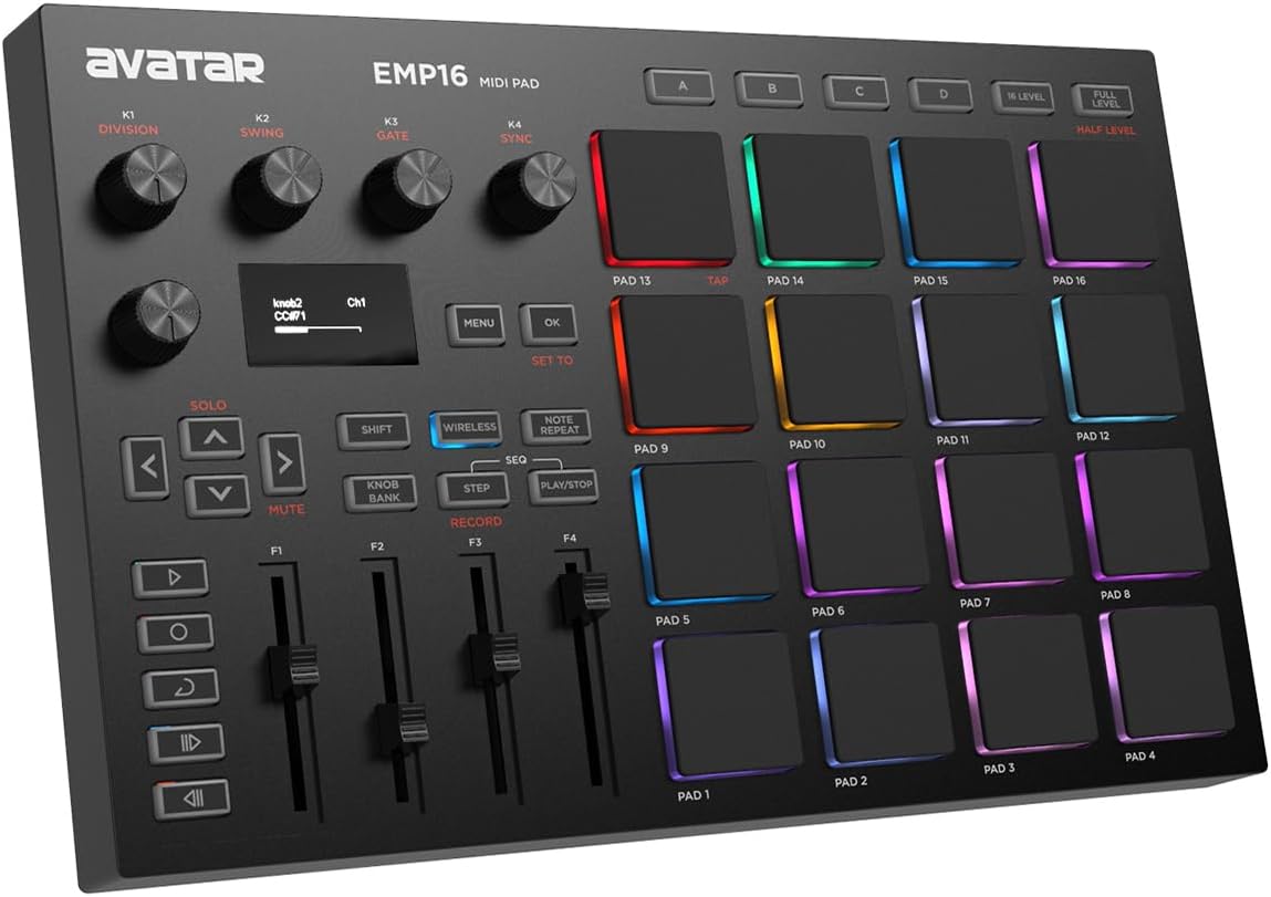 EMP16 MIDI Pad Controller Beat Maker Machine With Bluetooth | 16 RGB Velocity Sensitive Beat Pads, 16 Level, Full/Half Level, OLED Display, MIDI In/Out