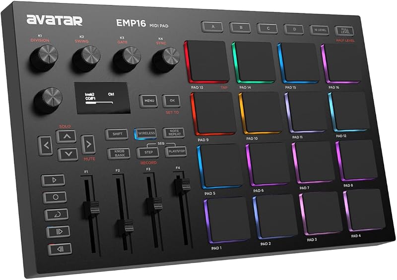 EMP16 MIDI Pad Controller Beat Maker Machine With Bluetooth | 16 RGB Velocity Sensitive Beat Pads, 16 Level, Full/Half Level, OLED Display, MIDI In/Out