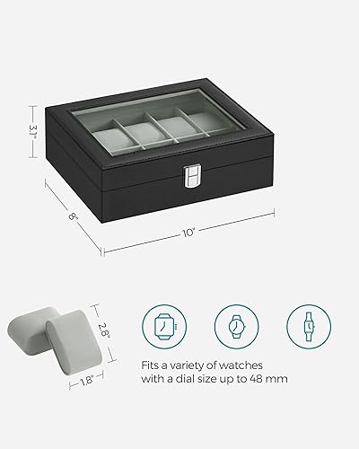 Miniatura 6 de SONGMICS Caja de reloj, caja de reloj de 10 ranuras con tapa de vidrio grande, almohadas extraíbles para reloj, organizador de caja de reloj, regalo