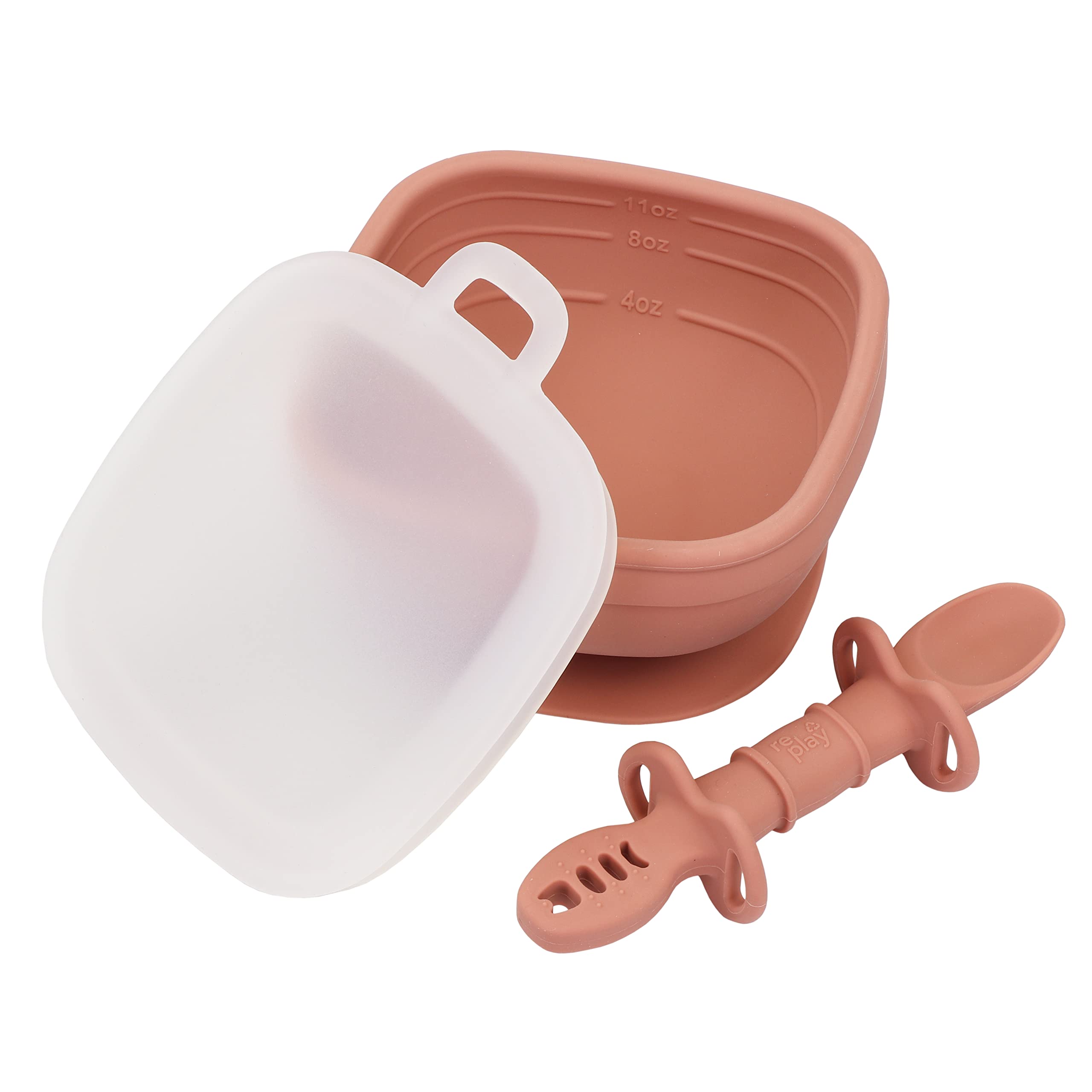 Re Play Sustainables Silicone 11 oz. Suction Bowl with Silicone Press In Lid - Made with Medical-Grade Platinum Silicone - With Lid + Feeding Tool - Desert