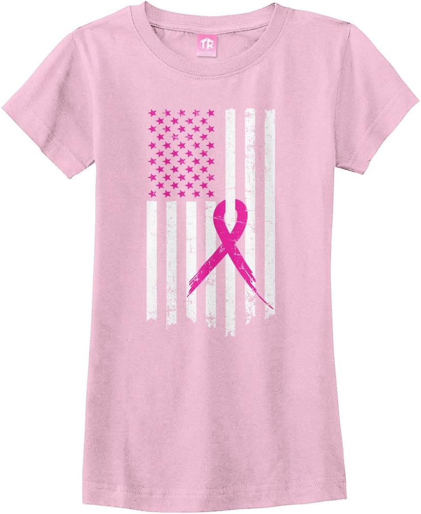 Threadrock Big Girls' Pink Ribbon Breast Cancer Awareness Flag Fitted T-Shirt