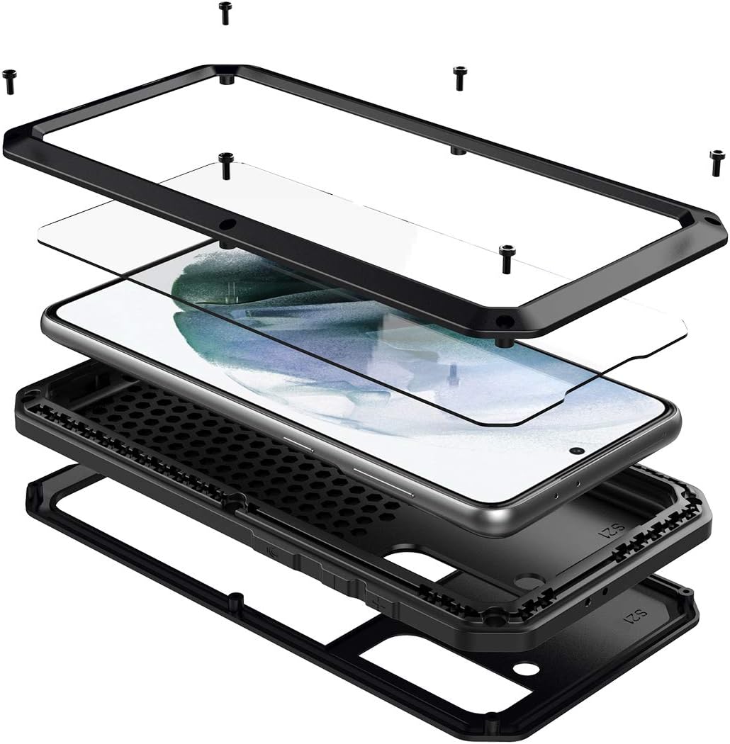 Marrkey for Galaxy S21 Case,Full Body Protective Cover Heavy Duty Shockproof Tough Armour Aluminum Alloy Metal Case with Silicone Built-in Screen Protector for Samsung Galaxy S21 6.2" - Black