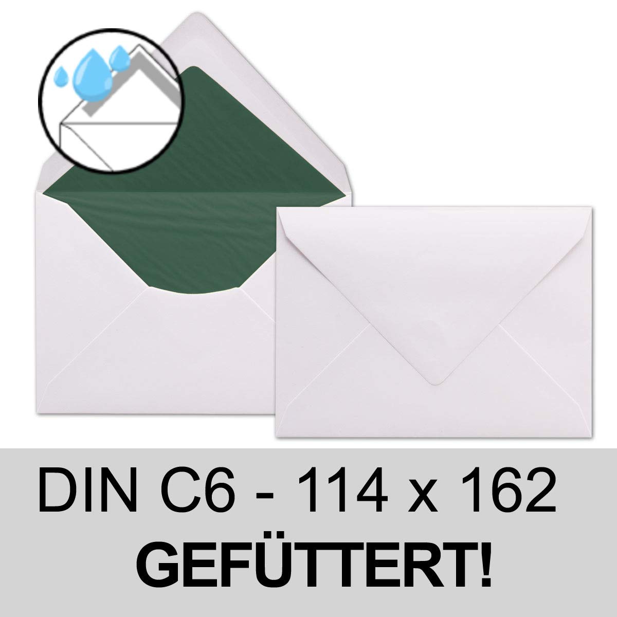 300 buste bianche DIN C6 foderate con carta velina verde scuro, 100 g/m², 11,4 x 16,2 cm, con incollaggio a umido senza finestra