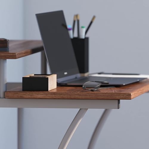 Miniatura 4 de HBCY Creations Escritorio pequeño para computadora, acabado de arce, marco de acero plateado, 28 pulgadas de ancho, plataforma elevada para monitor,