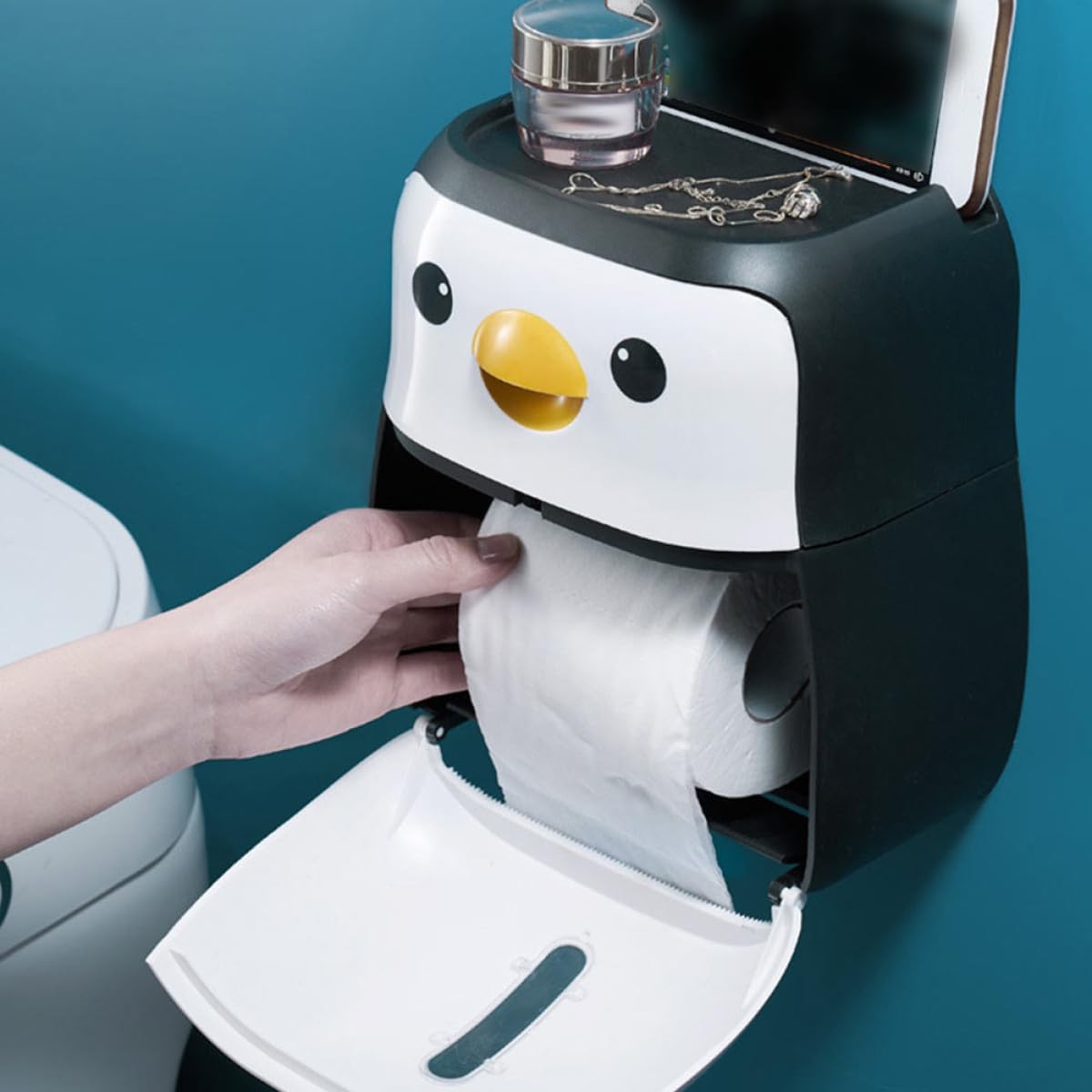 Toilettenpapierhalterung Weiß aus Kunststoff mit Wandbefestigung ohne Bohren Papiertaschentuchbox in Pinguin Form Multifunktional für Hotelbad und Haushalt