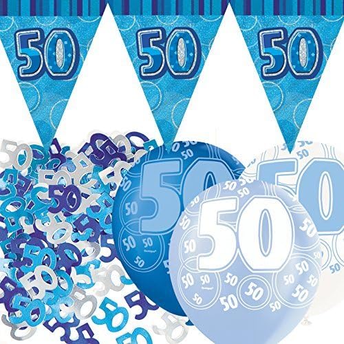 Blue Silver Glitz 50th Birthday Flag Banner Party Decoration Pack Kit Set by Happy Birthday