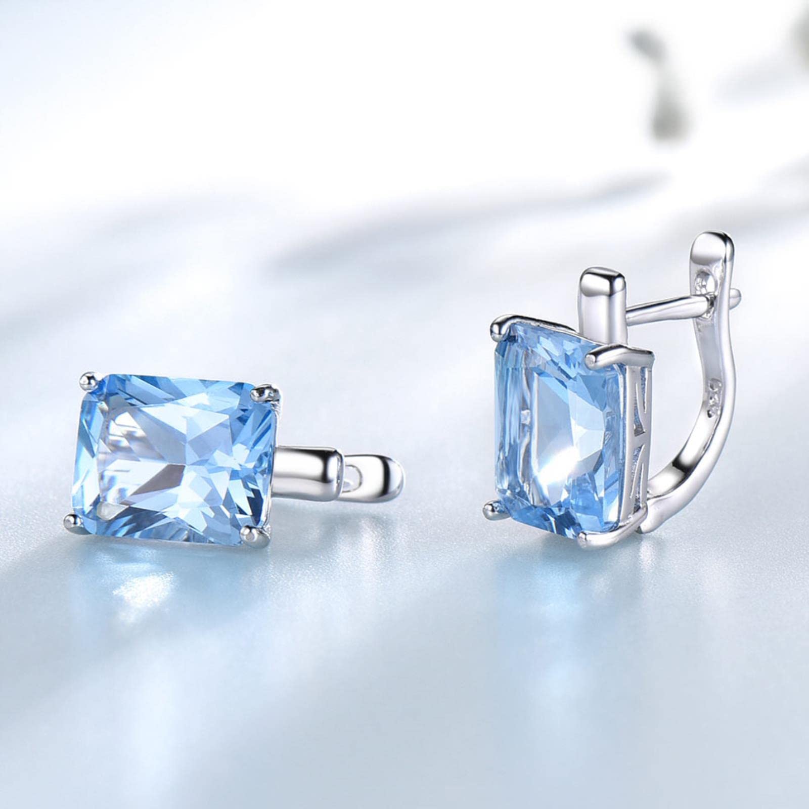 LOKILOKI Solide 925 Sterling Silber Ohrringe Luxus Rechteck Erstellt Himmelblau Topas Ohrclips Für Frauen Geschenk Edlen Schmuck